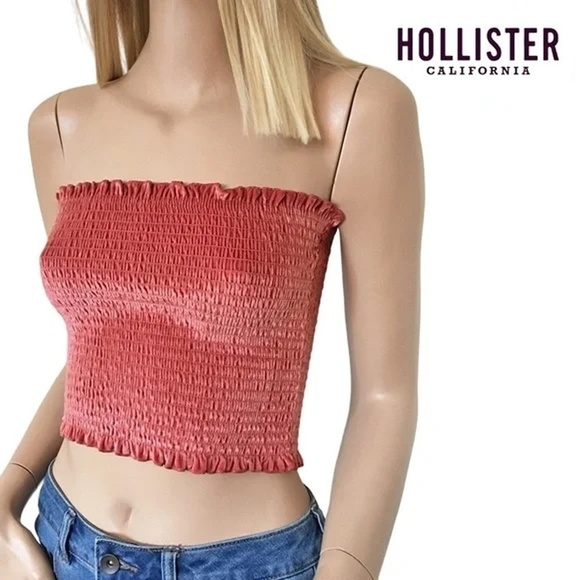 Hollister Shirred Smocked Crop Tube Top Tank Ruffles and Velvet Pullover - Picture 1 of 14